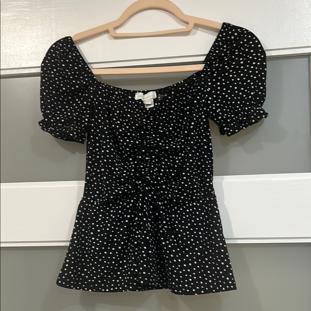 Black Polka Dot square neck Puff Sleeve Peplum Top